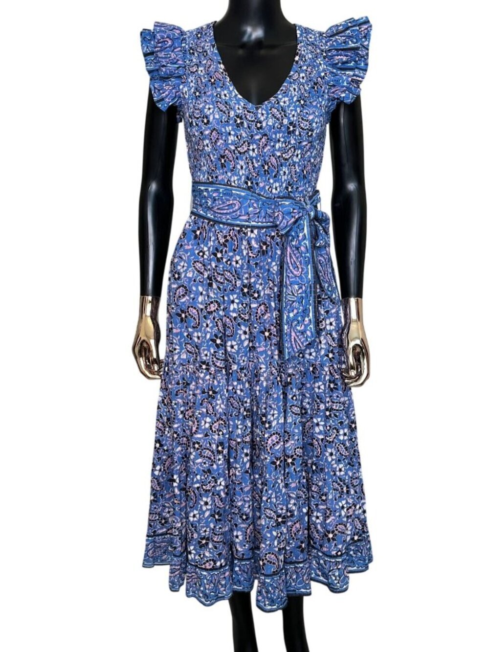 Cleobella Autumn Ruffle Blue Paisley Midi Dress Small Organic Cotton Pockets - Picture 3 of 11